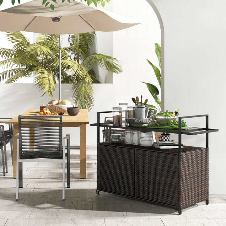 Outsunny 2-Tier PE Rattan Outdoor Bar Cart, Glass Top Outdoor Kitchen Island with Cabinet, Mixed Brown