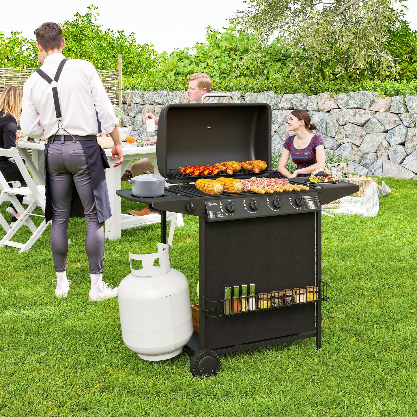 Outsunny 4+1 Burner Propane Gas BBQ Grill, Portable Gas Barbecue Grill with Side Burner, Thermometer, Lid, Side Table, Shelf, Spice Rack, Wheels, Grease Cup for Garden, Black