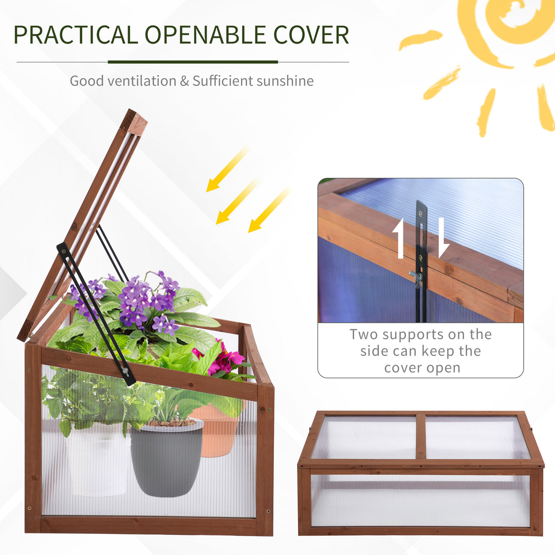 Outsunny 39" x 26" x 16" Wooden Cold Frame with Openable and Tilted Top Cover, Small Polycarbonate Planter Box for Flowers, Vegetables, Plants, Brown