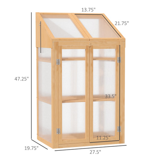 Outsunny Wooden Cold Frame Greenhouse, Raised Planter Bed Protection with Openable Top and 3 Shelves for Outdoor Indoor, 27.5" x 19.75" x 47.25", Brown