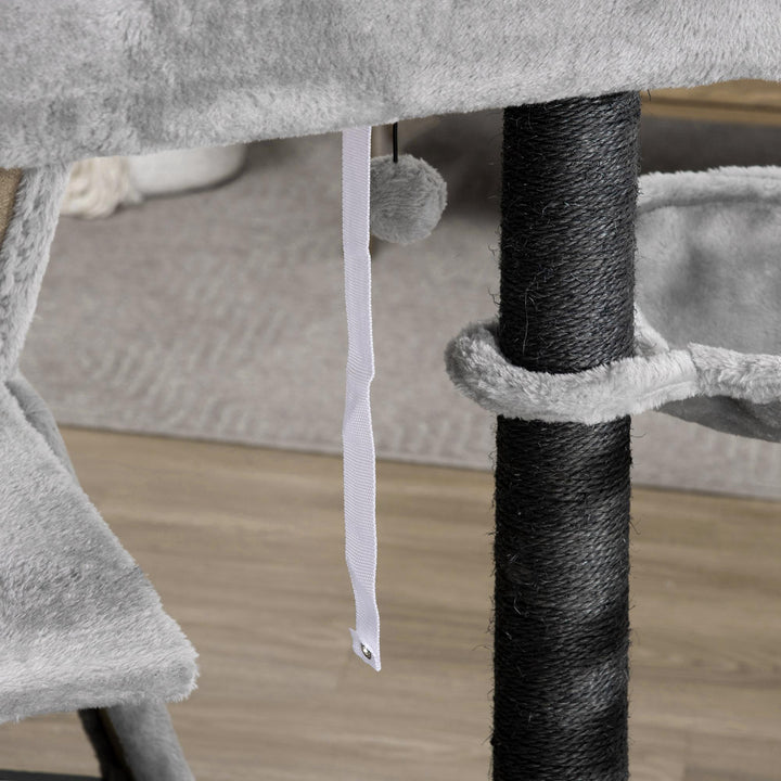 PawHut 47" Cat Tree for Indoor Cats, Kitty Activity Center, Cat Tower with Cat Ear Bed Ramp Condo Hammock Hanging Ball Toys Sisal Rope Scratching Post, Light Grey