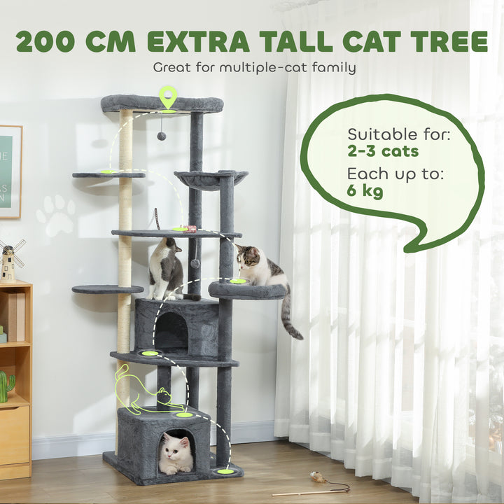PawHut 79" Extra Tall Cat Tree with Scratching Posts, Perches, Caves, Hammock, Pompoms, for 2-3 Indoor Cats, Dark Grey