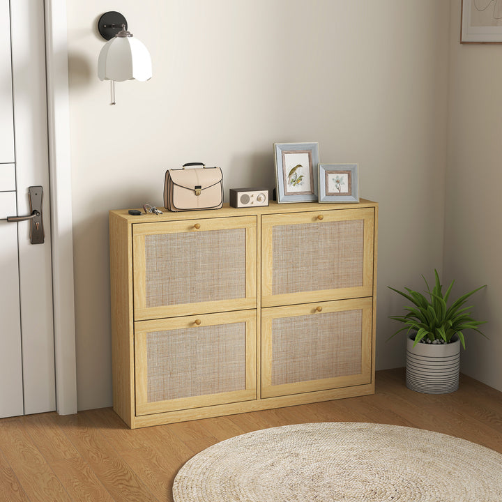 HOMCOM Narrow Shoe Storage Cabinet, Rattan Shoe Cabinet with 4 Flip Drawers and Adjustable Shelves for 20 Pairs, Black