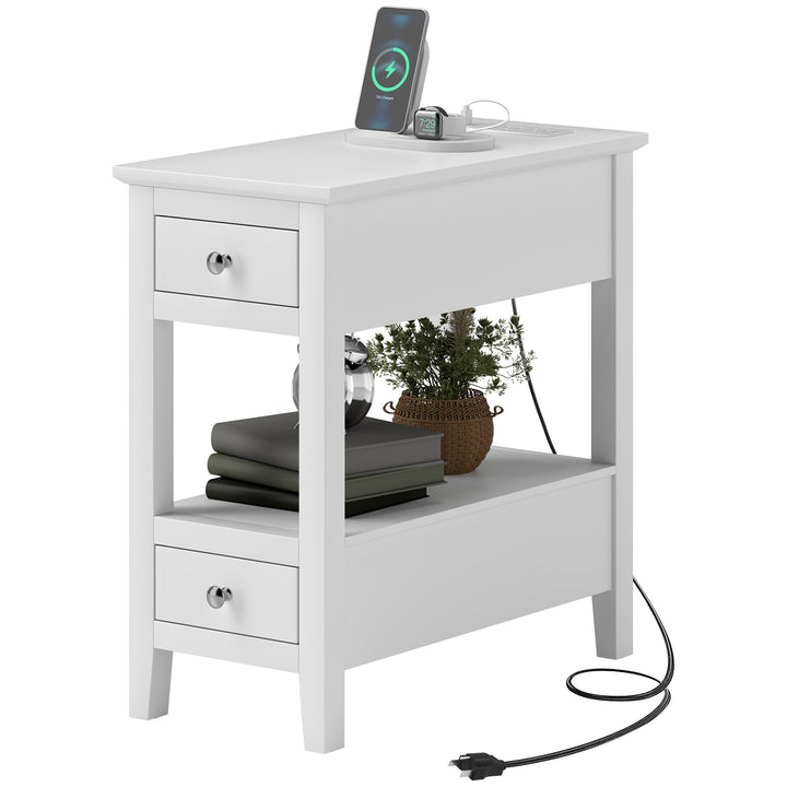 HOMCOM Narrow Side Table with Charging Station, USB Ports, Modern End Table with Storage Shelf, Drawers for Living Room, White