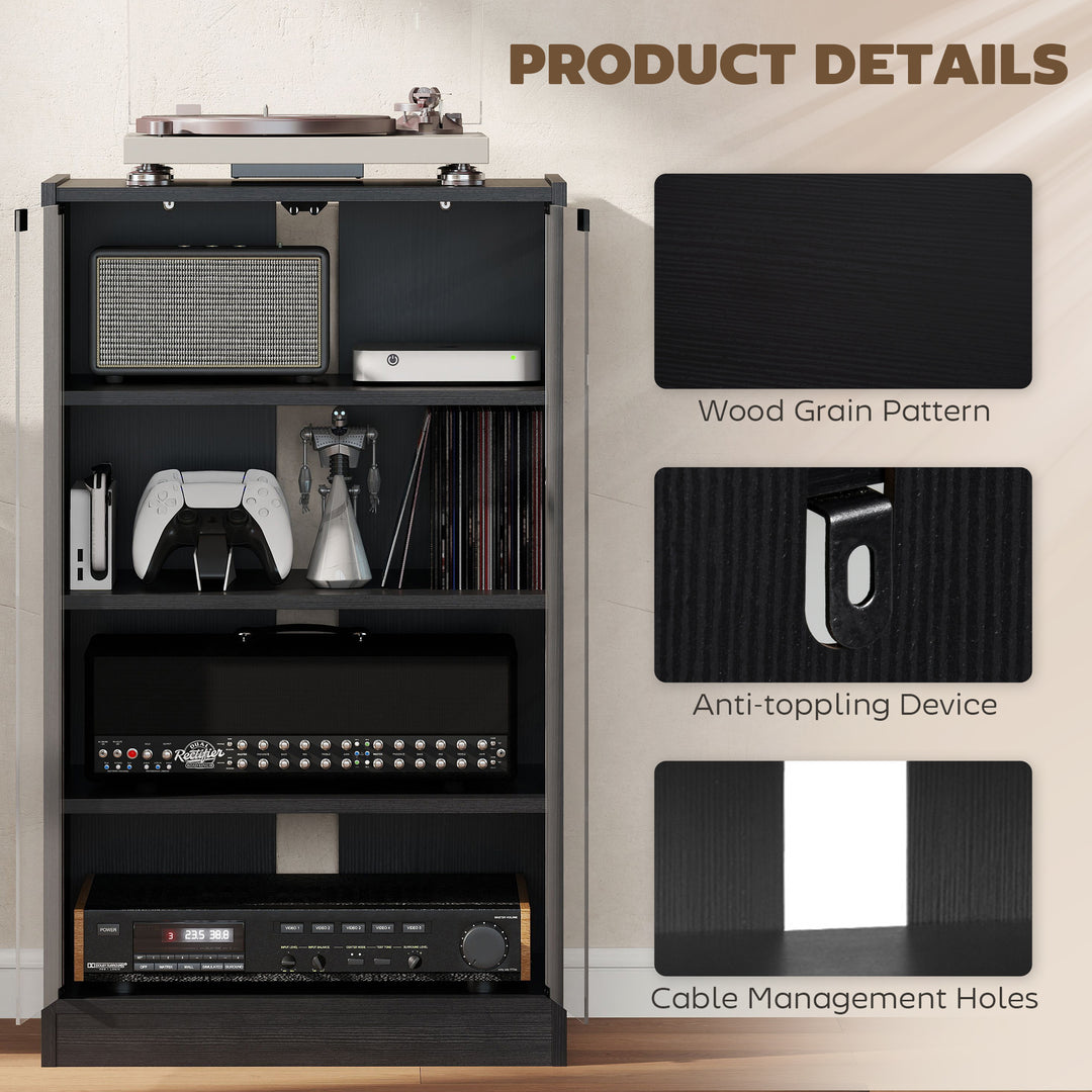 HOMCOM 5-Tier AV Media Stand with Push to Open Glass Doors, Audio-Video Storage Cabinet with Adjustable Shelves for DVD Players, Games Consoles, Routers, Distressed Black