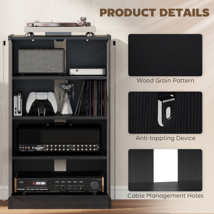 HOMCOM 5-Tier AV Media Stand with Push to Open Glass Doors, Audio-Video Storage Cabinet with Adjustable Shelves for DVD Players, Games Consoles, Routers, Distressed Black