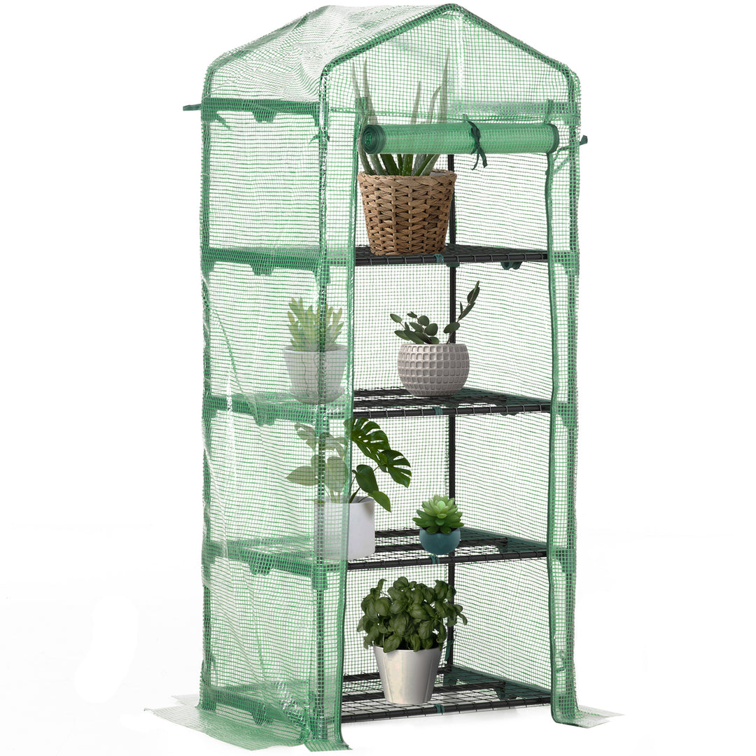 Outsunny Portable Greenhouse, Outdoor Hot House Plant Flower Greenhouse with 4 Tier Shelves, Steel Frame, PE Cover, Dark Green