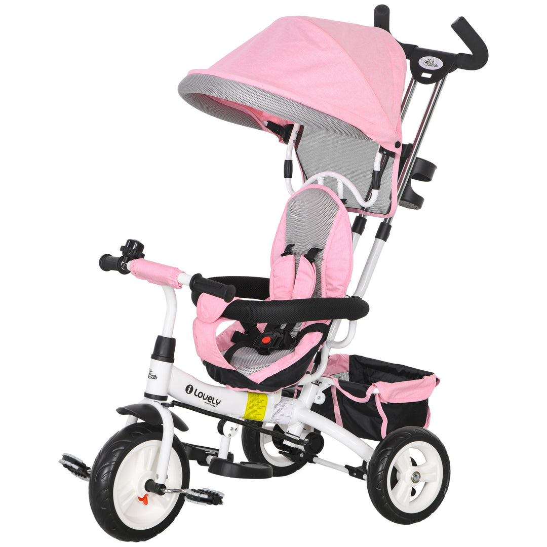 Qaba 6 in 1 Toddler Tricycle Stroller with Basket, Canopy, 5-point Safety Harness, for 12-60 Months, Pink