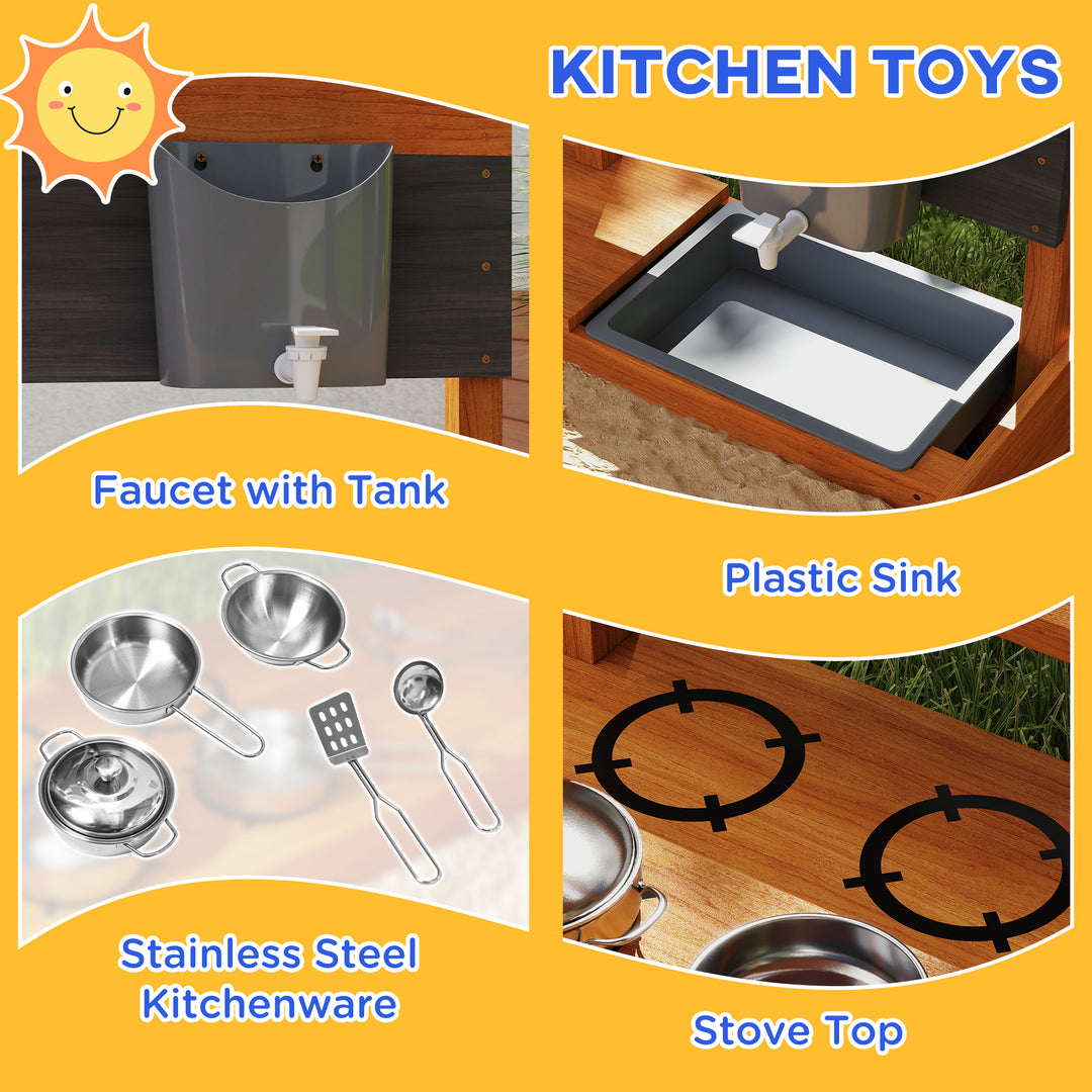 Outsunny Kids Sandbox with Cover Kitchen Playset Toys, Wooden Sand Box with Seat, Storage, for 3-7 Years Old, Grey