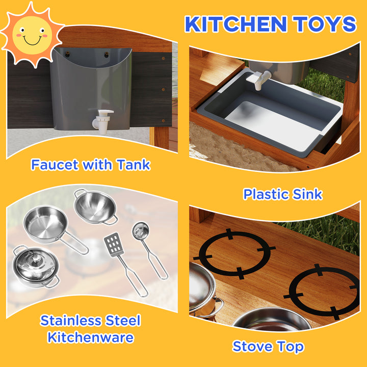 Outsunny Kids Sandbox with Cover Kitchen Playset Toys, Wooden Sand Box with Seat, Storage, for 3-7 Years Old, Grey