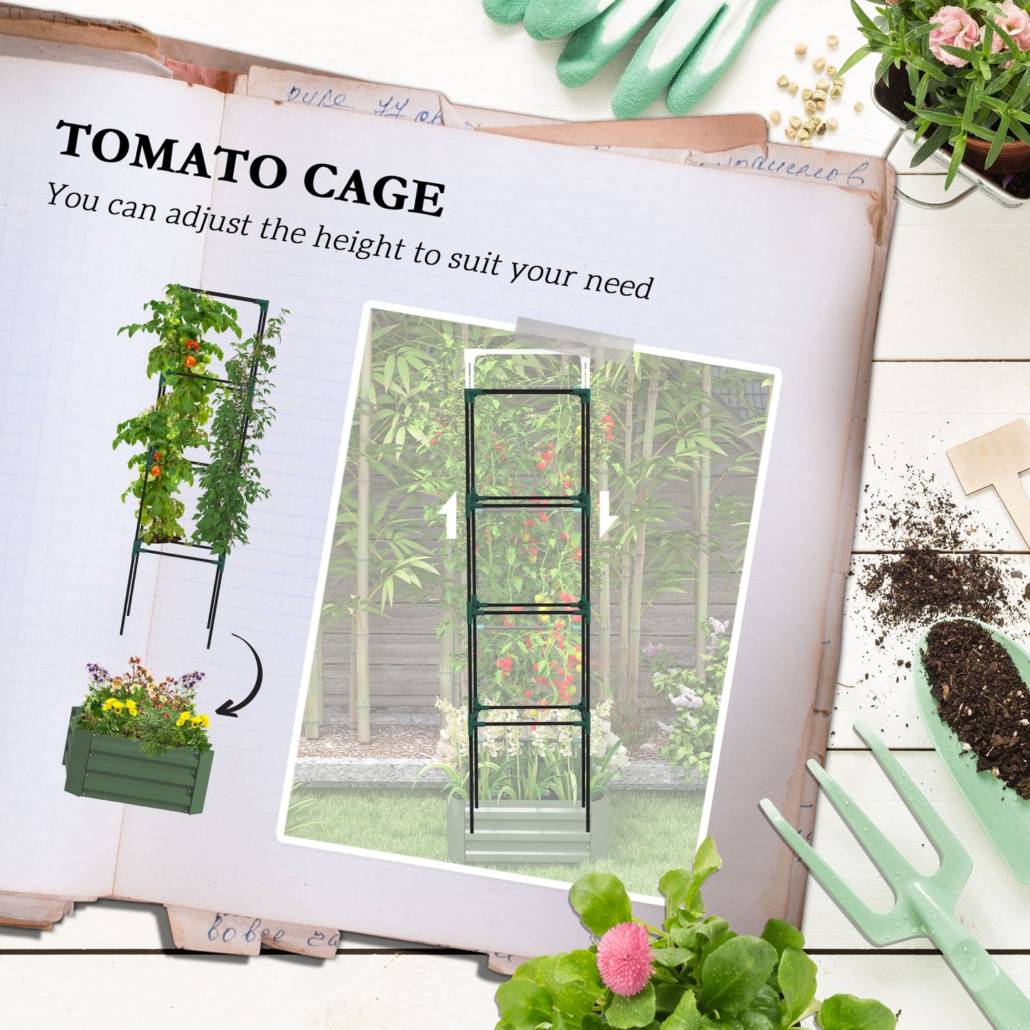 Outsunny Galvanized Planter Box, Outdoor Raised Garden Bed with 4-Tier Trellis Tomato Cage for Climbing Vines, Vegetables, Green