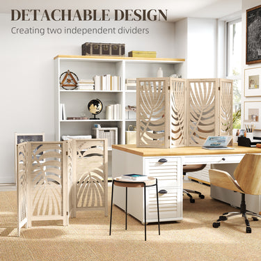 HOMCOM 4 Panel Room Divider, Detachable Folding Privacy Screens with Palm Leaf Design for Home Office, Natural Wood Finish