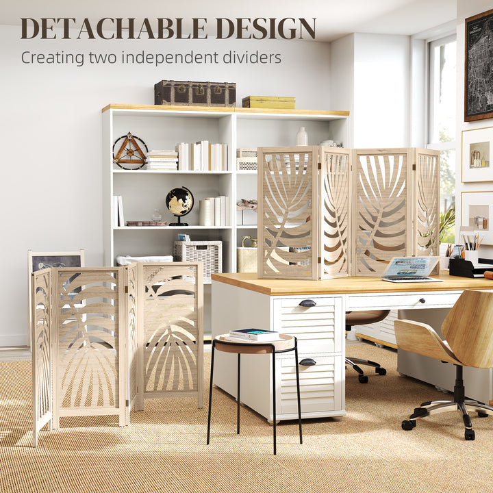 HOMCOM 4 Panel Room Divider, Detachable Folding Privacy Screens with Palm Leaf Design for Home Office, Natural Wood Finish