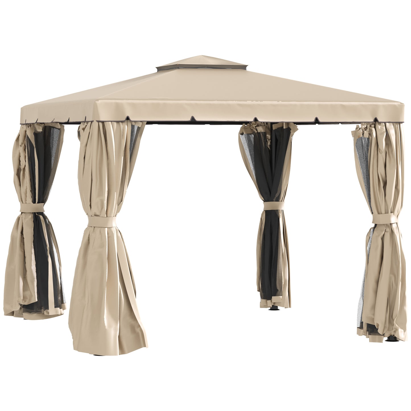 Outsunny 10' x 10' Outdoor Patio Gazebo Double Soft-top Garden Shelter Tent with Curtains, & Mesh Screen Drapes, Brown