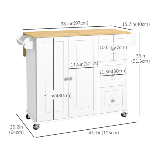 HOMCOM Kitchen Island with Drop Leaf, Rolling Kitchen Cart on Wheels with 3 Drawers, Cabinet, Natural Wood Top, Spice Rack and Towel Rack, White