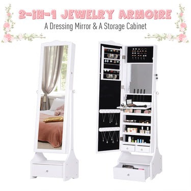 HOMCOM Standing Jewellery Cabinet Organizer Jewellery Armoire with LED Lights, Full Length Mirror, Adjustable Angle, White
