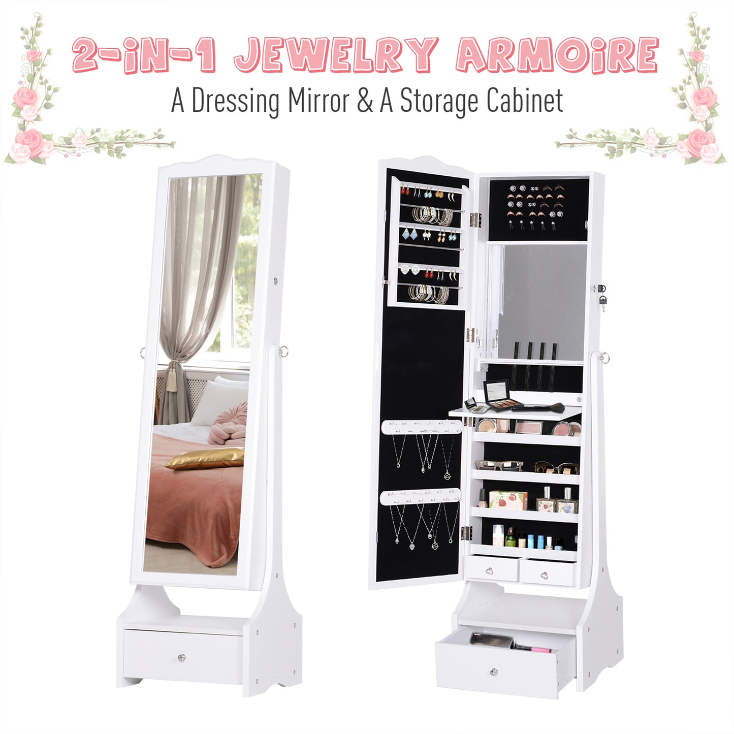 HOMCOM Standing Jewelry Cabinet Organizer Jewelry Armoire with LED Lights, Full Length Mirror, Adjustable Angle, White