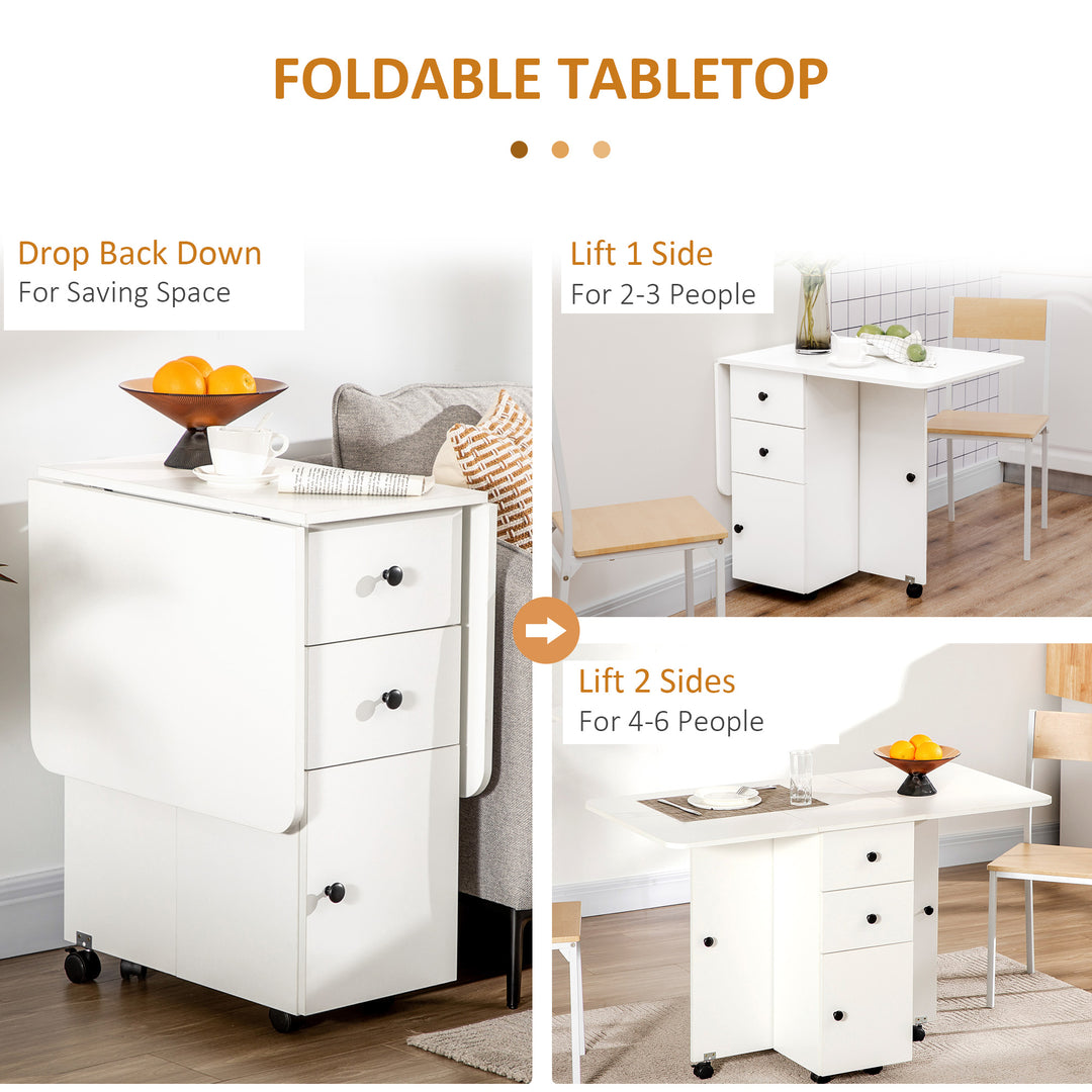 HOMCOM Foldable Dining Table, Rolling Kitchen Table with Storage Drawers and Cabinet, Drop Leaf Table on Wheels, White
