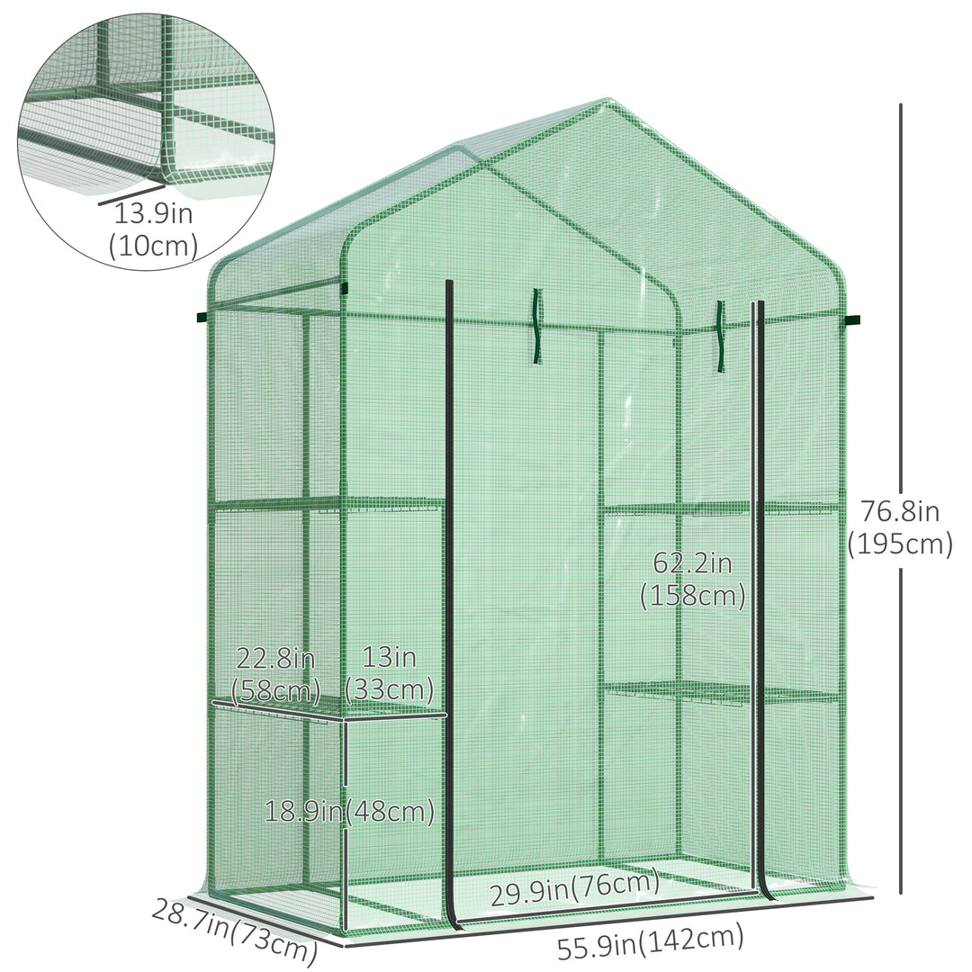 Outsunny 56" x 29" x 77" Walk-in Greenhouse, Mini Greenhouse with 4 Shelves, Roll-Up Door and Weatherized Cover, Clear