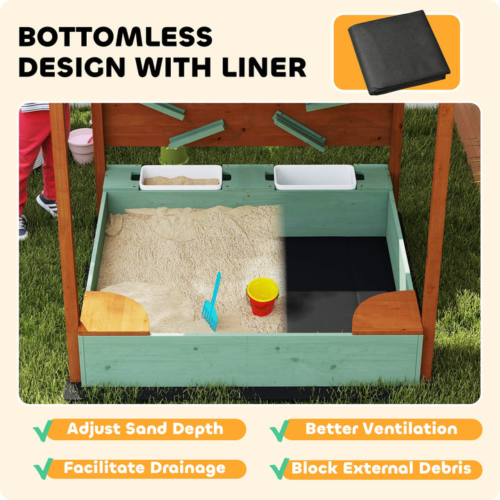 Qaba Kids Sandbox with Full Covered Canopy, Bench Seats, Bottom Liner, for Ages 3-6, 56" x 40" x 52", Brown