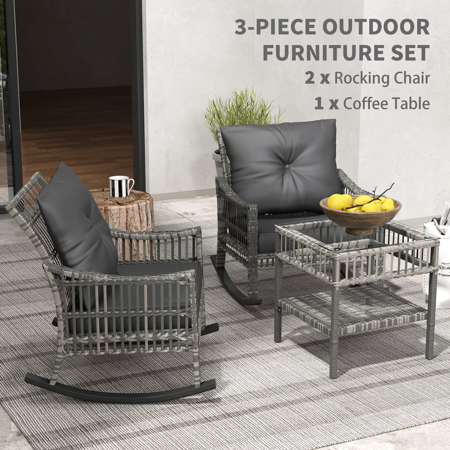 Outsunny 3 Pieces Outdoor PE Rattan Rocker Chair Set, Rocking Chair with Tempered Glass Table Top,25"x26"x28", Turquoise Green