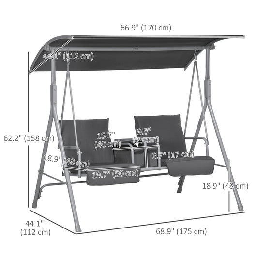 Outsunny 2-Seater Outdoor Porch Swing with Adjustable Canopy and Table, Patio Swing Chair for Garden, Poolside, Backyard, Grey