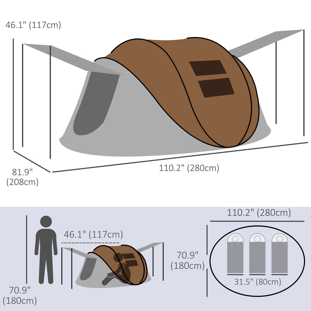Outsunny Pop Up Tent with 2 Porch and Carry Bag, 3000mm Waterproof Camping Tent, for 2-3 People, Brown