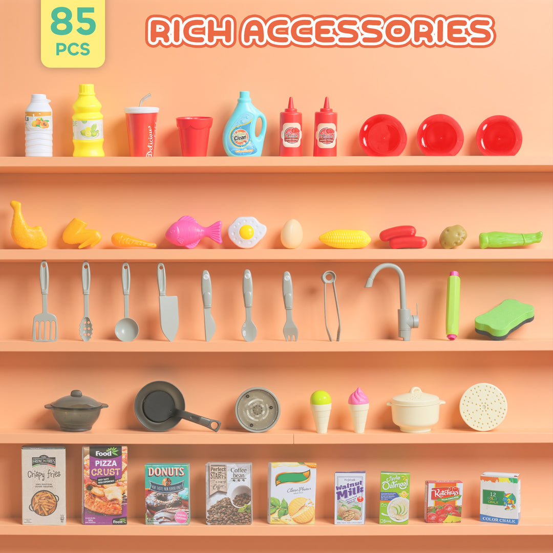 Qaba Play Kitchen Set, Kids Kitchen Playset with Real Lights and Sounds, Sink, Stove, Clock, Accessories, Green