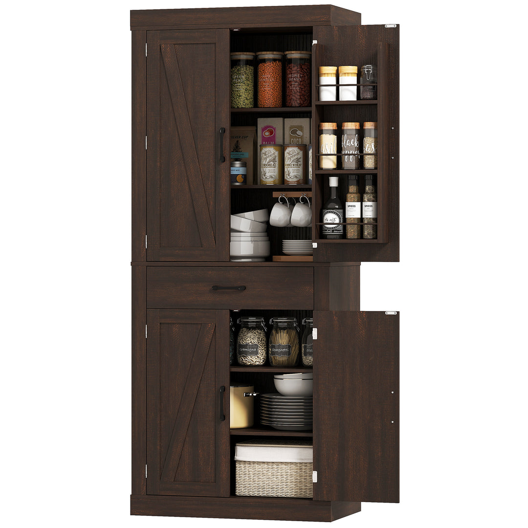 HOMCOM 72" Kitchen Pantry Cabinet, Farmhouse Kitchen Storage Cabinet with 4 Barn Doors, 6 Door Shelves, Drawer, Black