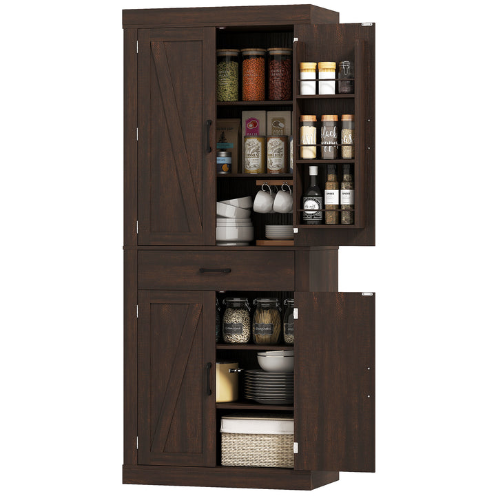 HOMCOM 72" Kitchen Pantry Cabinet, Farmhouse Kitchen Storage Cabinet with 4 Barn Doors, 6 Door Shelves, Drawer, Black