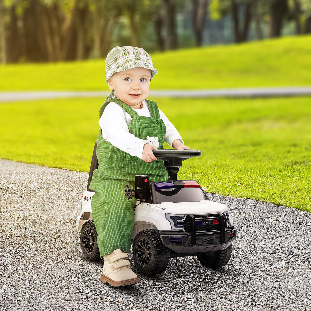 Aosom Kids Ride On Sliding Car with Hidden Under Seat Storage, Ride On Police Car for Toddler with Megaphone, Anti Dumping Device, Removable Backrest, Foot-to-Floor Design, White