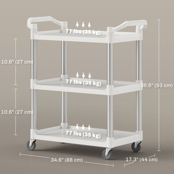 HOMCOM 3-Tier Utility Cart Large Rolling Storage Trolley with 3 Shelves Metal Clean Service Cart, Restaurant, Hotel, Livingroom, Silver and Grey