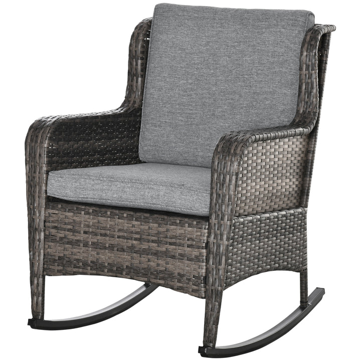 Outsunny Outdoor Wicker Rocking Chair, PE Rattan Porch Rocker with Cushions, Grey