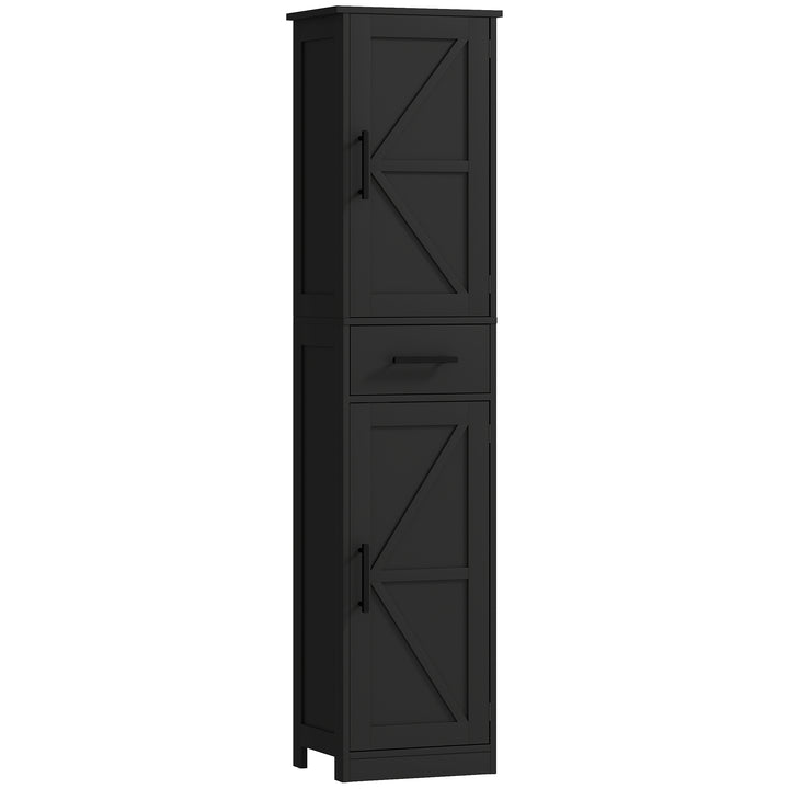 HOMCOM 67" Tall Bathroom Cabinet, Narrow Bathroom Storage Cabinet with Drawer, Barn Doors and Adjustable Shelves, Black