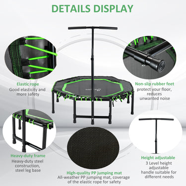 Soozier 48" Mini Trampoline, Foldable Trampoline with Adjustable Handle Bar for Adults Exercise, Workout, Fitness, Green