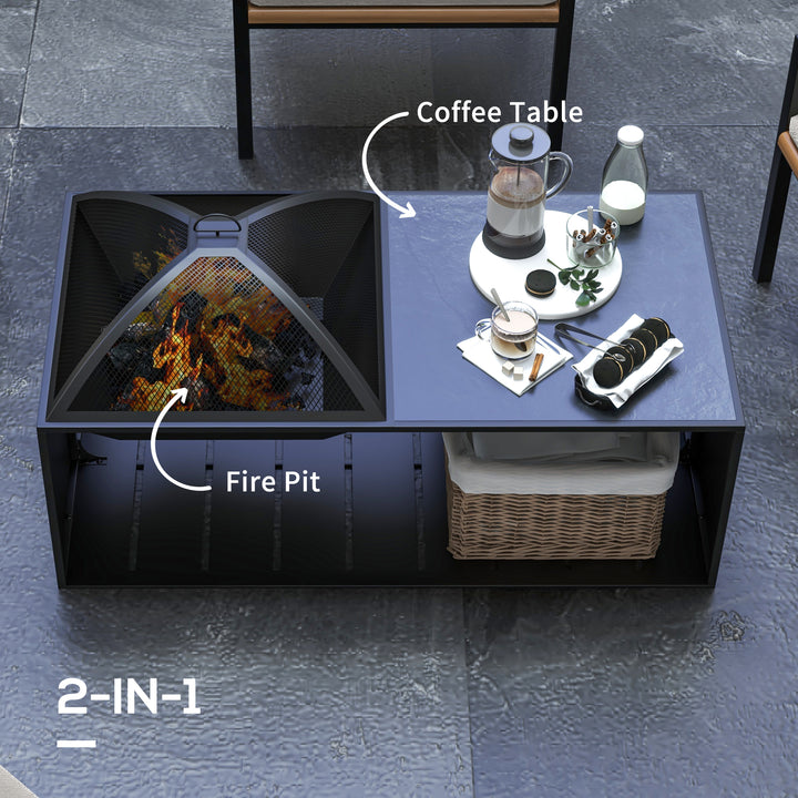 Outsunny Fire Pit Coffee Table with Storage Shelf, Wood-burning Firepit with Spark Screen and Poker, Black