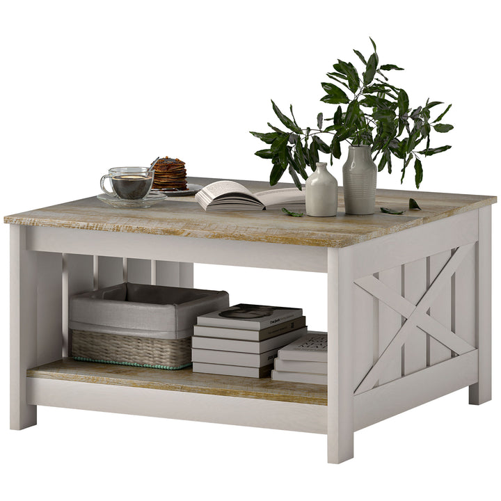 HOMCOM 31.5" Square Coffee Table, Farmhouse 2-Tier Center Table for Living Room, Distressed Oak and Brown