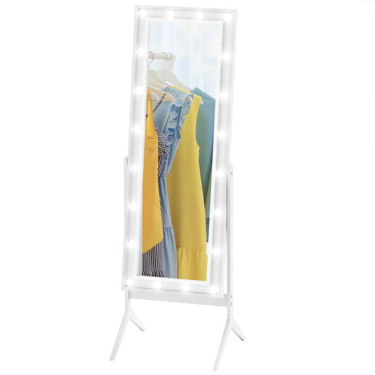 HOMCOM Free Standing Mirror with Lights and Adjustable Angles 60" x 18" Floor Mirror with Frame for Bedroom Living Room, White