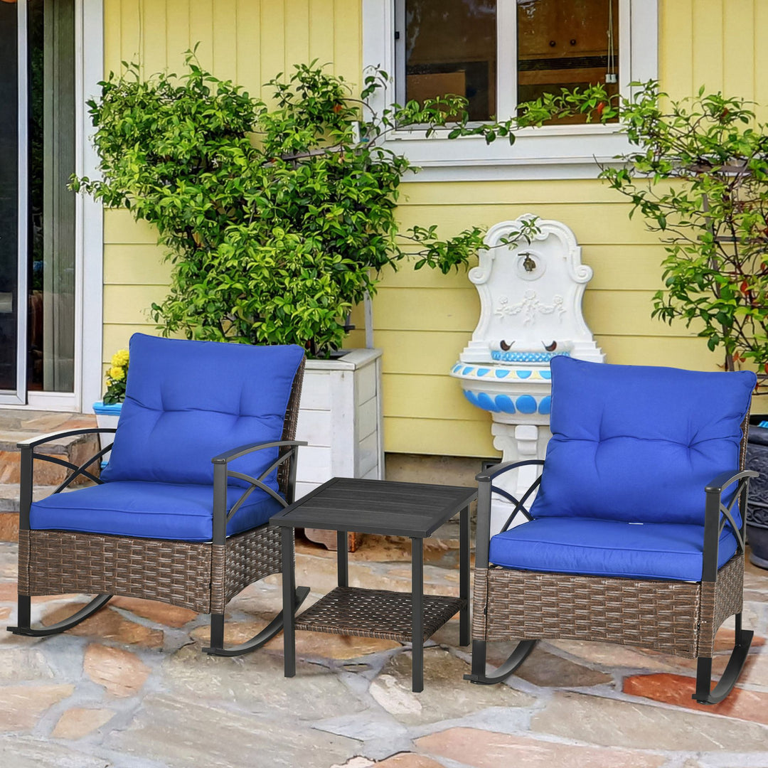 Outsunny 3 Pcs Outdoor PE Rattan Rocking Chair Set, Bistro Set with Two-tier Table, Padded Cushions for Garden, Dark Blue