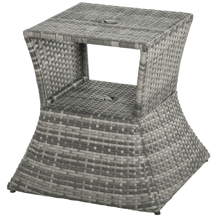 Outsunny Rattan Wicker Side Table, 21.3" Square Outdoor End Table with Umbrella Hole 2-Tier Storage for Patio Garden Mixed Brown