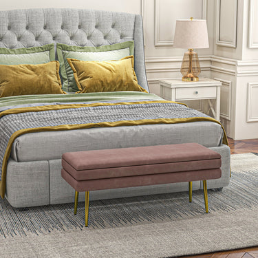HOMCOM End of Bed Bench, Velvet-feel Upholstered Bench with Thick Padded Seat and Steel Legs, Modern Bedroom Bench, Pink