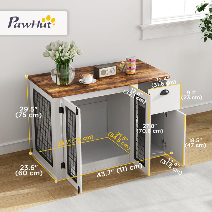 PawHut 44" Dog Crate Furniture with Double Doors, Storage Drawer, for Medium Dogs, White