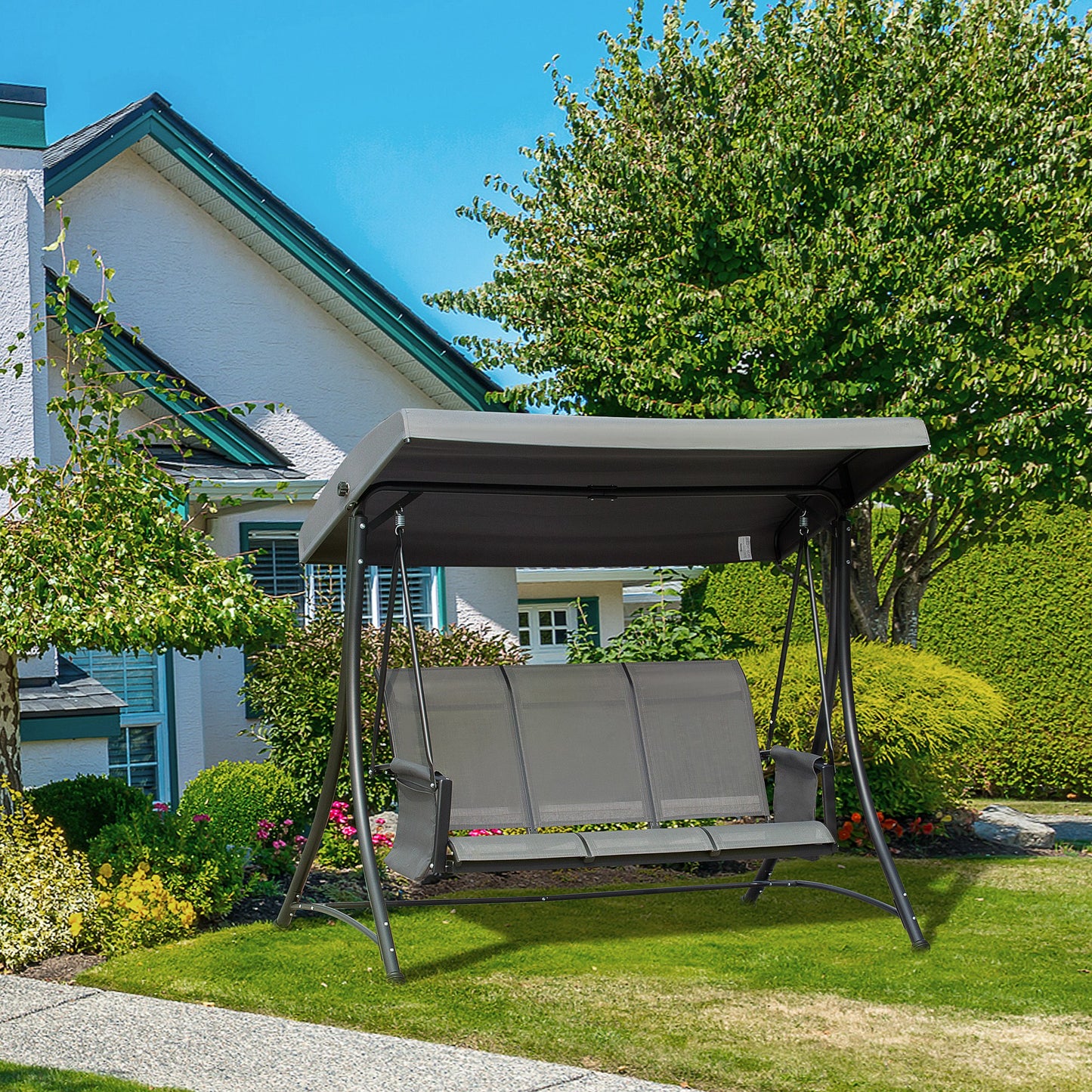 Outsunny 3 Person Porch Swing Outdoor Swing Chair with High Back Design, Side Pouches and Adjustable Canopy, Dark Grey