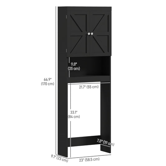 HOMCOM Over The Toilet Cabinet, Modern Bathroom Above Toilet Storage with Barn Doors and Open Shelf, Black
