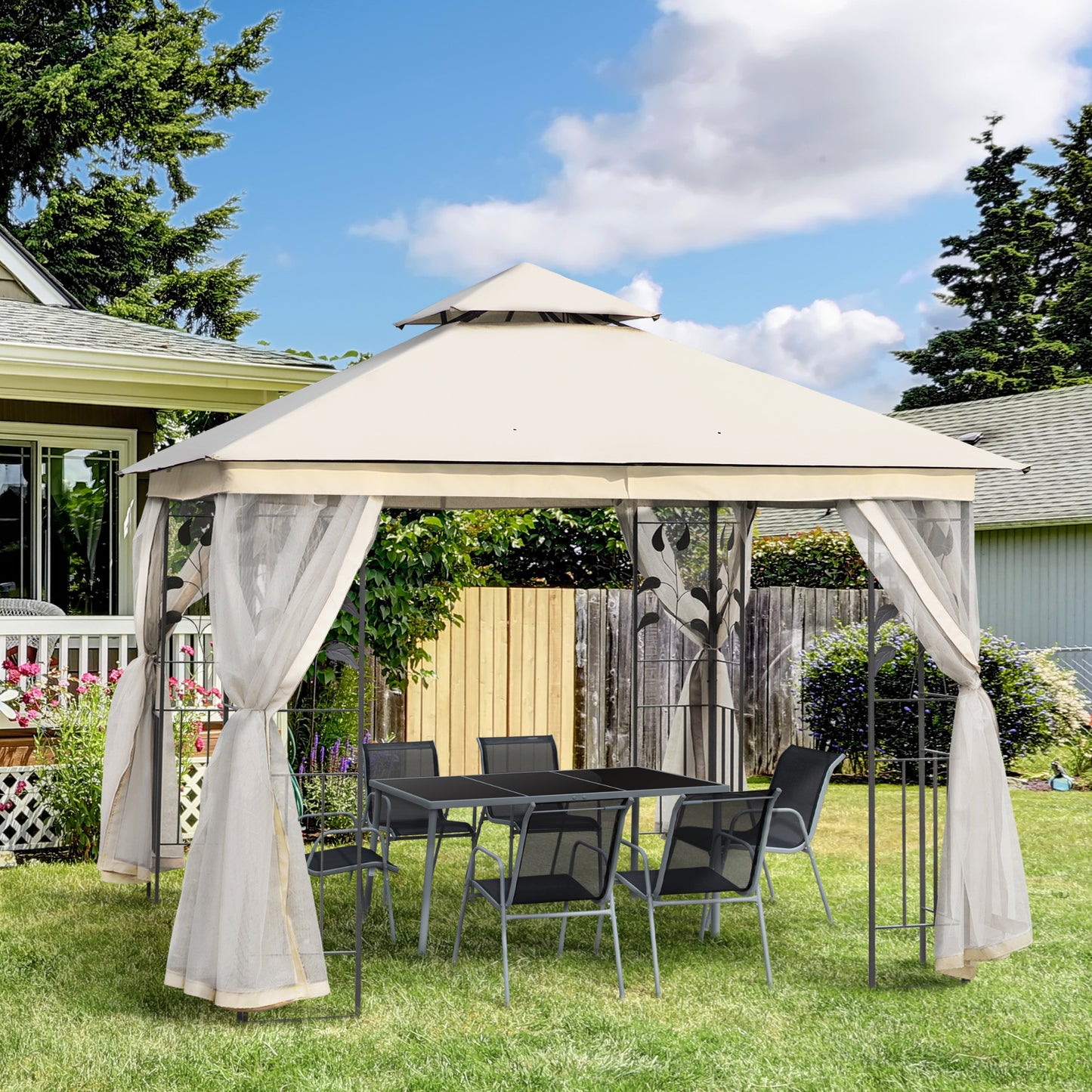 Outsunny 10'x10' Soft-top Steel Patio Gazebo Outdoor Sun Shelter with 2-Tier Polyester Roof, Curtain Sidewalls, White