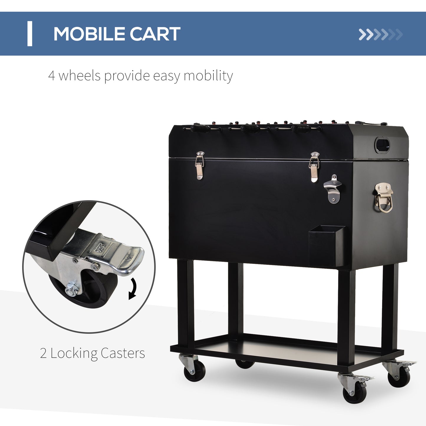 Outsunny 68QT Patio Cooler Ice Chest with Foosball Table Top, Portable Poolside Party Bar Cold Drink Rolling Cart on Wheels with Tray Shelf Black