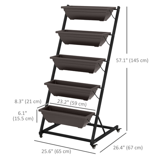 Outsunny 5-Tier Vertical Raised Garden Planter with 5 Boxes, Wheels, Outdoor Plant Stand for Vegetable Flowers, Brown