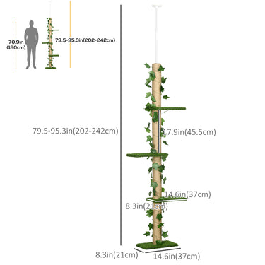 PawHut 4-Tier Floor to Ceiling Cat Tree, Height(80-95Inches)Adjustable, Tall Cat Tower w/ Anti-Slip Kit, Leaves, Multi-Layer Activity Centre w/ Scratching Post