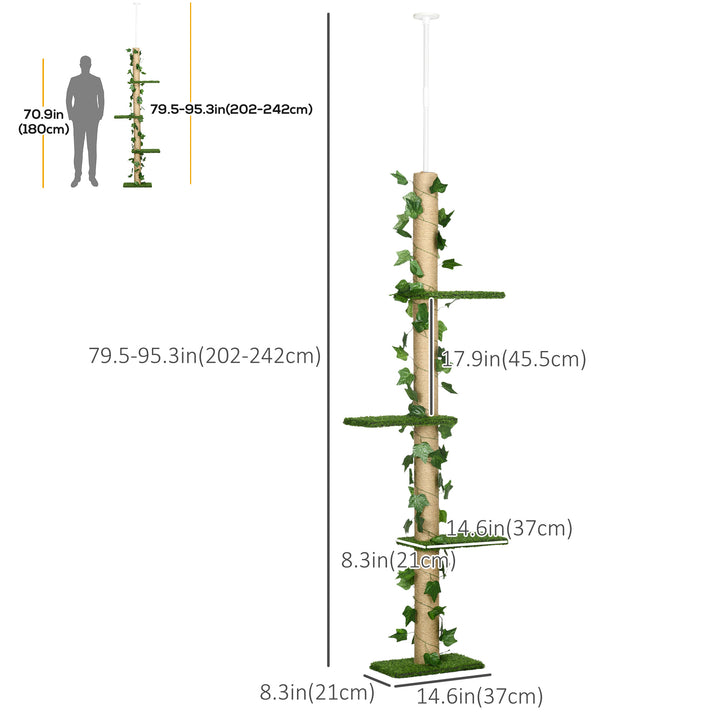 PawHut 4-Tier Floor to Ceiling Cat Tree, Height(80-95Inches)Adjustable, Tall Cat Tower w/ Anti-Slip Kit, Leaves, Multi-Layer Activity Centre w/ Scratching Post