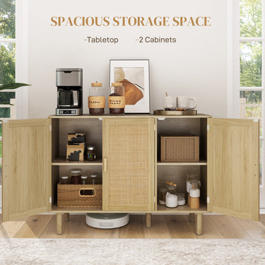 HOMCOM Bohemian Sideboard, 46.9" Buffet Cabinet with 3 Rattan Doors and Shelves for Living Room, Hallway, Oak